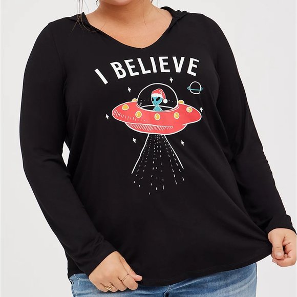 torrid Tops - NWT TORRID CHRISTMAS HOODIE ALIEN UFO "I BELIEVE" SUPER SOFT BLACK  Plus Size 1X